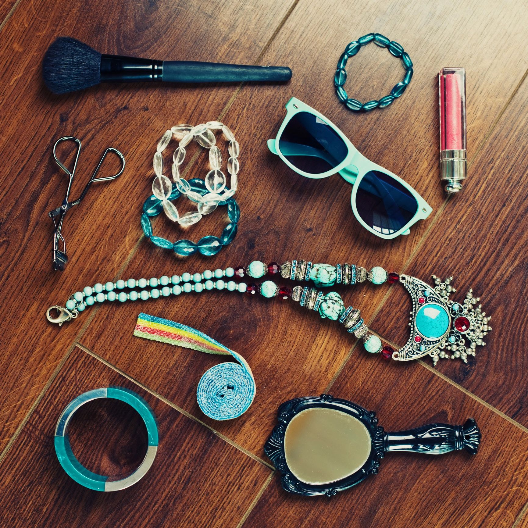 Assorted colorful accessories arranged neatly